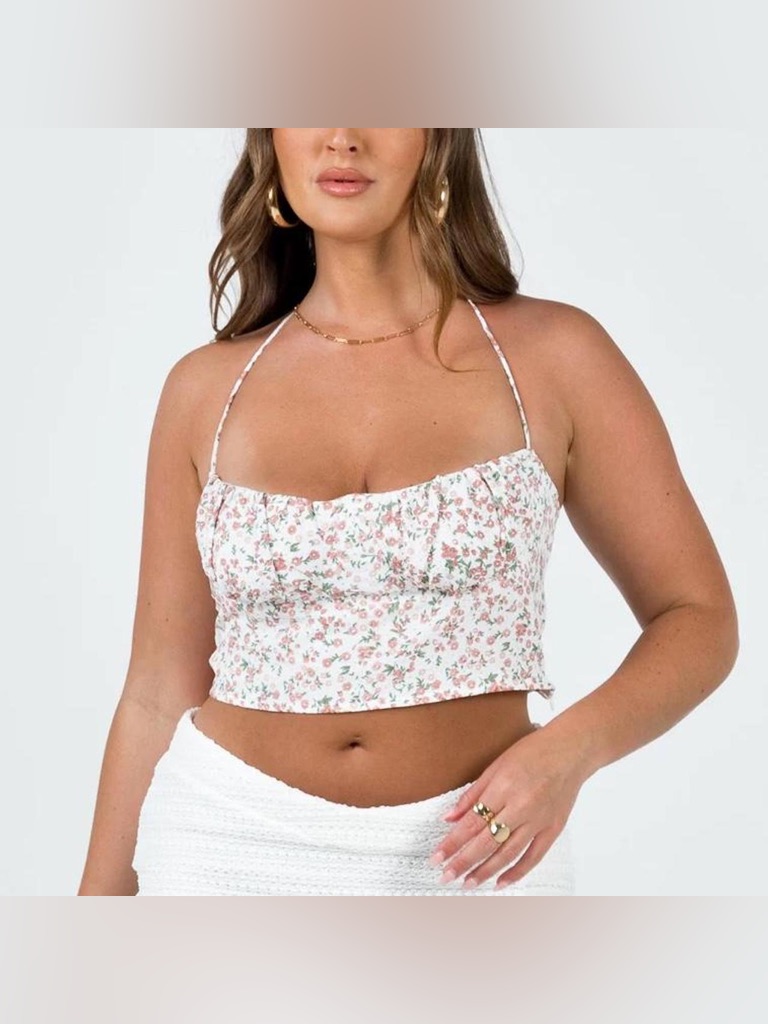 Princess Polly White Floral Halter Crop Top With Pink Roses